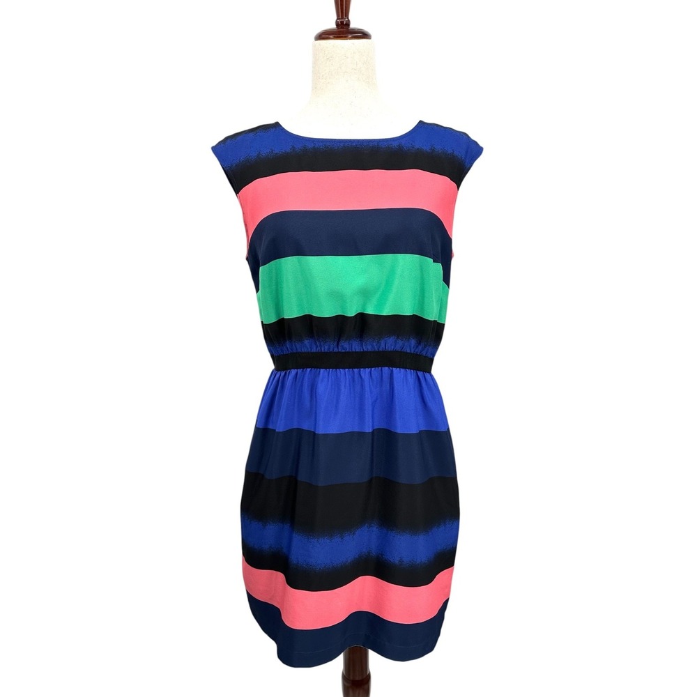 Ann Taylor LOFT Shirt Dress Wide Stripe Elastic Waist Cap Sleeve Medium Petite